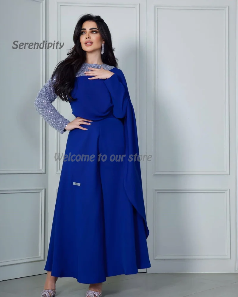 

Serendipity Satin A-Line Saudi Arabia Evening Dress O-Neck Ankle-Length Sequined Sleeve Autumn Prom Gown With Shawl For Women