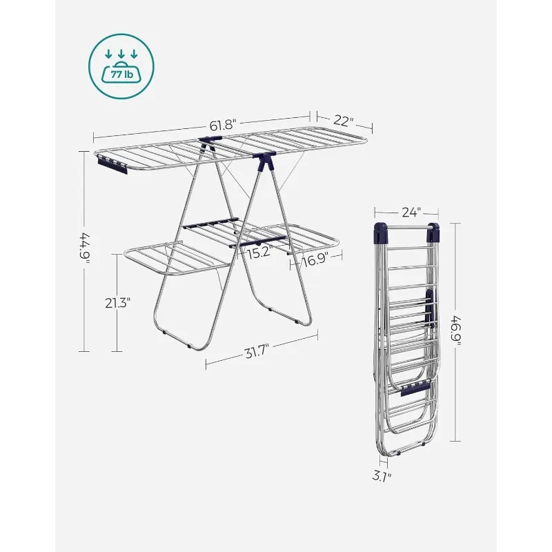 SONGMICS Clothes Drying Rack, Foldable 2-Level Laundry Drying Rack, Free-Standing Large, with Height-Adjustable Wings,Sock Clips 6