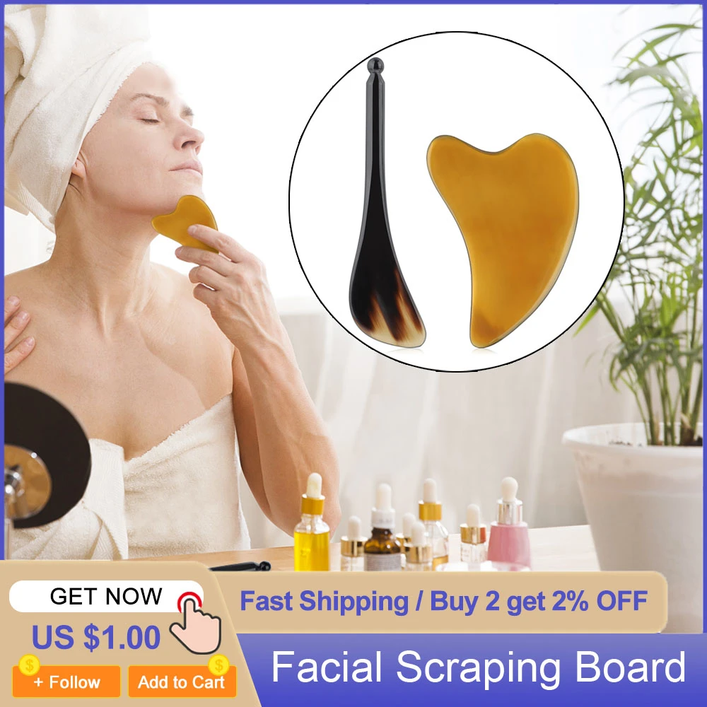 Facial Scraping Board Face Lift Massager Natural Ox Horn Gua Sha Stick