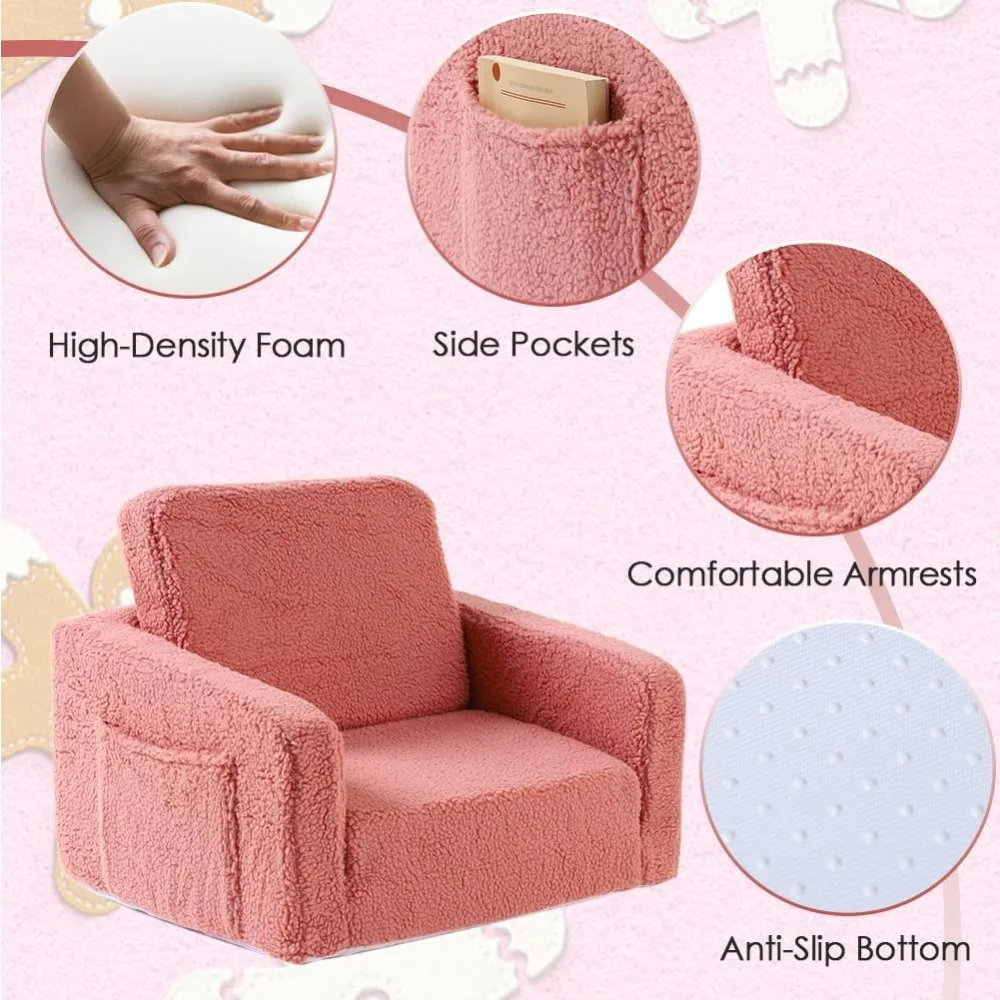 Kids Sofa Couch Fold Out, Baby Toddler Comfy Soft Chair , Flip Out Foldable Children 2 in 1 Convertible Sofa to Lounger 4