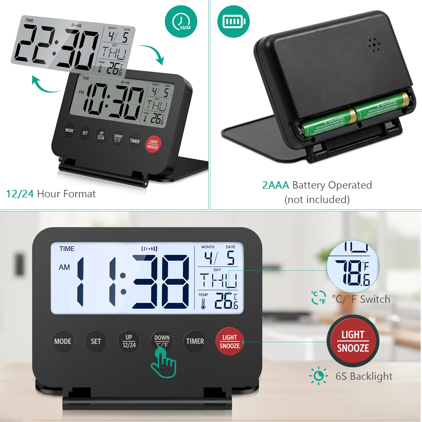 Digitaler Wecker Mit Hintergrundbeleuchtung & Datum – 12/24h, Schlummerfunktion, Batteriebetrieben (AAA) In Weiß