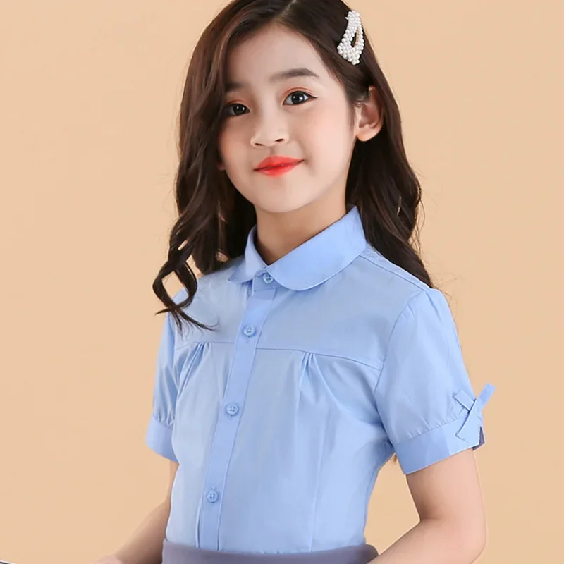 패션 십대 학교 유니폼 흰색 블라우스 소녀 면 여름 짧은 소매 셔츠 턴 다운 칼..