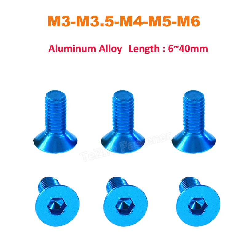 

2/5/10pcs M3 M3.5 M4 M5 M6 Aluminum Allen Hexagon Hex Socket Flat Countersunk Head Screw Bolt Machine Screws Sky Blue-Anodized