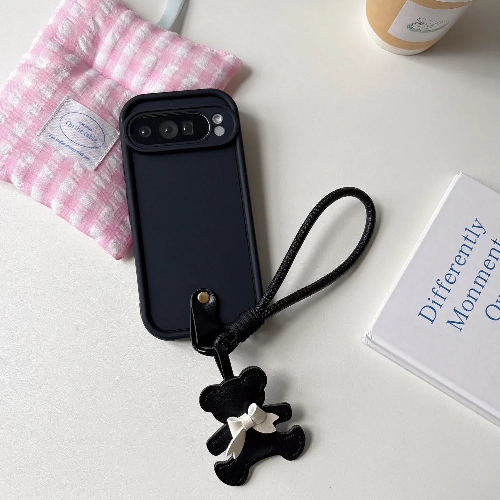 Cute Bear Lanyard Soft Matte Case with Bowknot Hand Wrist Strap - Pure Color Cover