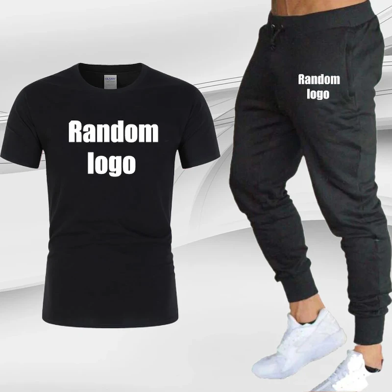 

2023 Men's Random Pattern Printed T-shirt + Pants 2PCS Cotton Short Sleeved Jogging Sweatpants Suit Male Summer Sports Kit