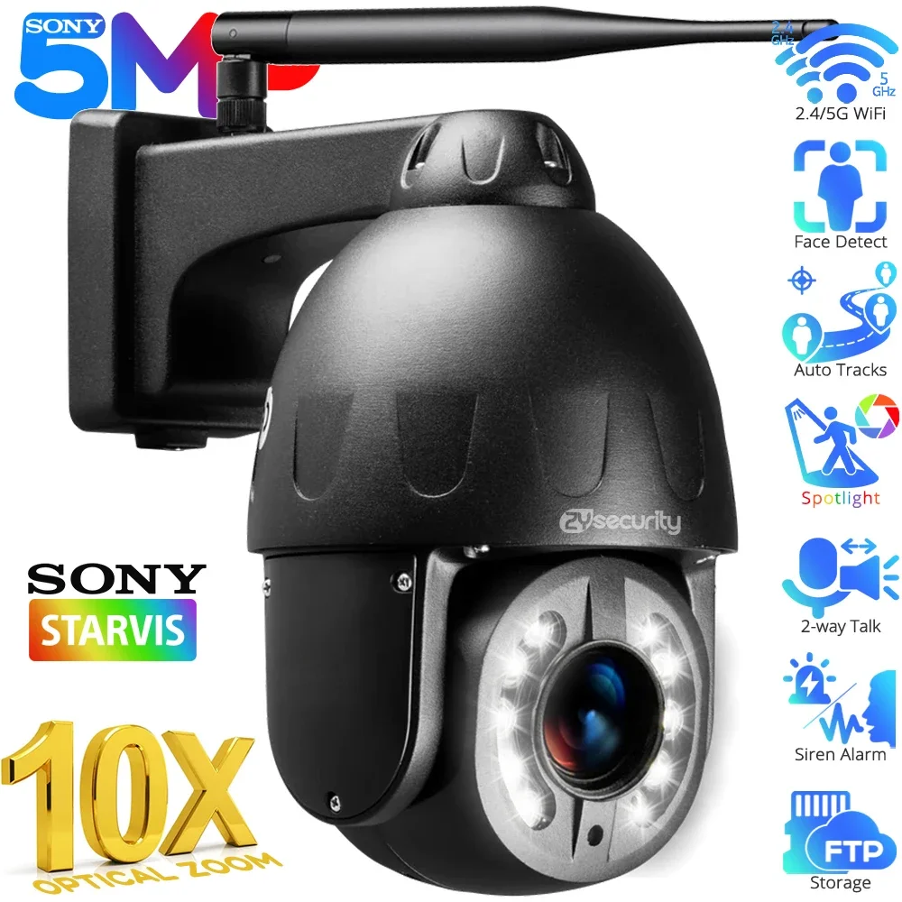 

5MP 5X 10X Optical Zoom WiFi PTZ Camera Outdoor Sony335 Auto Tracks Speed Dome IP Camera Human Detect Color Night CCTV Cameras