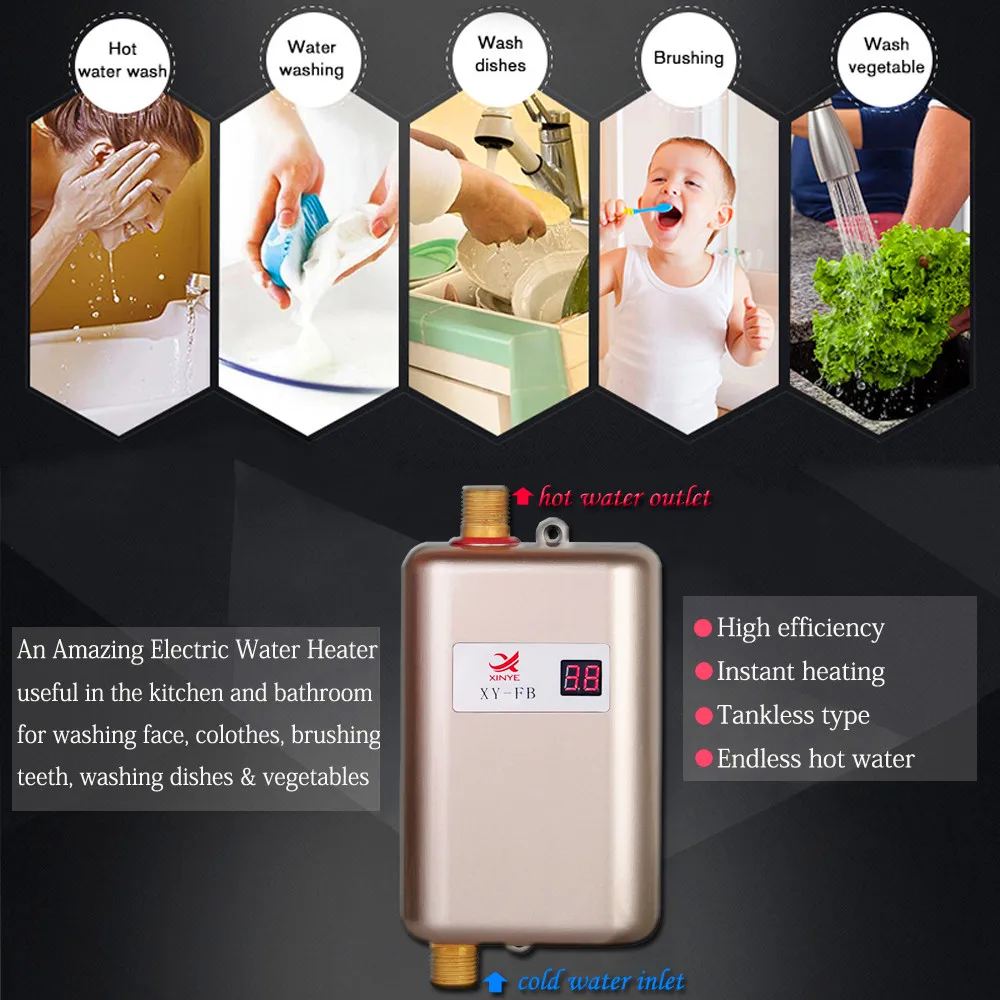 Scaldabagno elettrico istantaneo senza serbatoio da 3800 W Scaldabagno istantaneo per acqua calda Cucina Bagno Doccia Flusso Acqua Caldaia_voghion.com