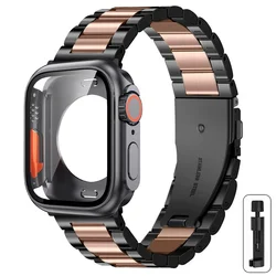 Premium Stainless Steel Strap with Full Cover Case for Series9 8 7 41mm (Black rose gold - Full)