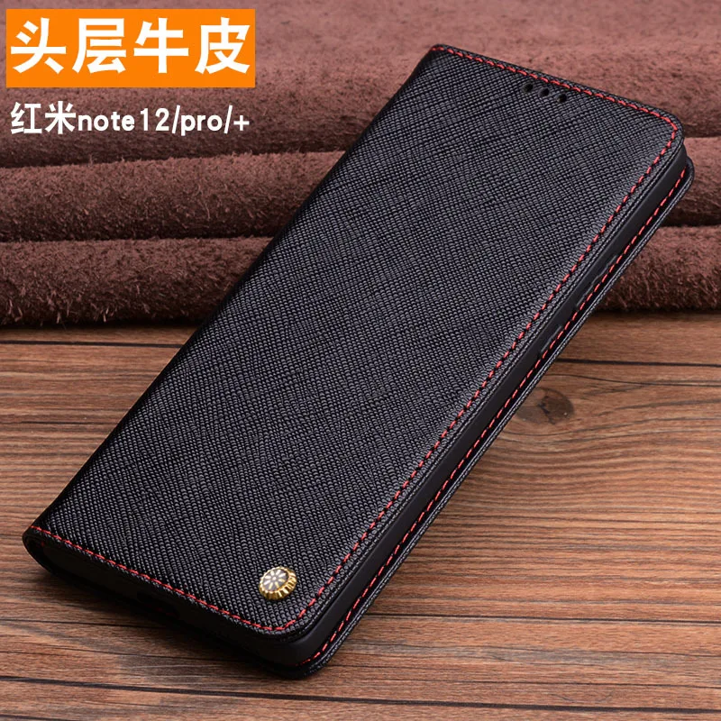 Luxury Genuine Leather Magnet Clasp Phone Case For Xiaomi Redmi Note 12 Pro +plus Kickstand Holster Cover Protective Full Funda