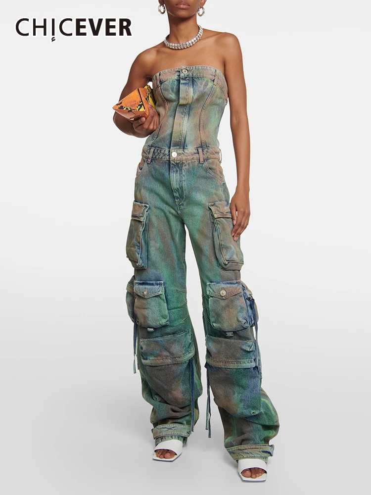 CHICEVER Y2K Denim Jumpsuits For Women Strapless Sleeveless Off Shoulder High Waist Patchwork Pockets Hit Color Jumpsuit Female wxibei camouflage cargo jumpsuits for women starpless sleeveless high waist spliced pockets streetwear jumpsuit female new fc943