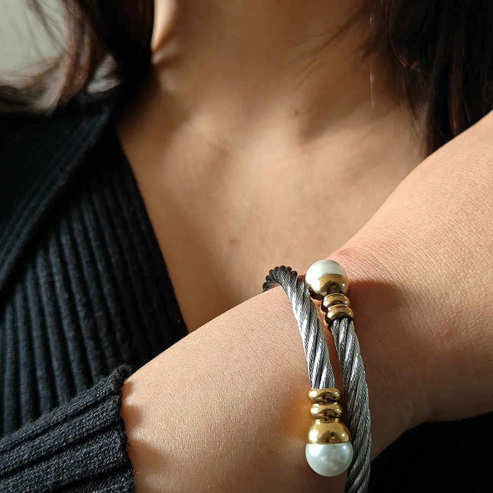 New Braided Bracelets Women Men Fashion Punk Pearl Open Cuff Bracelet Bangles Stainless Steel Wrist Metal Jewelry Accessories 6