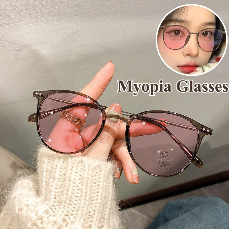 

NEW Intelligent Photochromic Myopia Glasses Vintage Unisex Color Women Men Round Frame Compture Sunglasses Prescription Eyewear