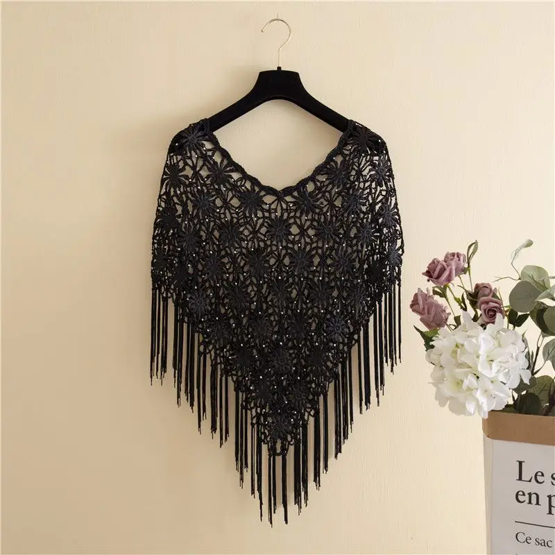 

2023 Spring Summer Hollow-out Tassel Mesh Capes Sunscreen Pullover Handmade Lace Shawl Lady Cloaks Sandy Beach Poncho Black