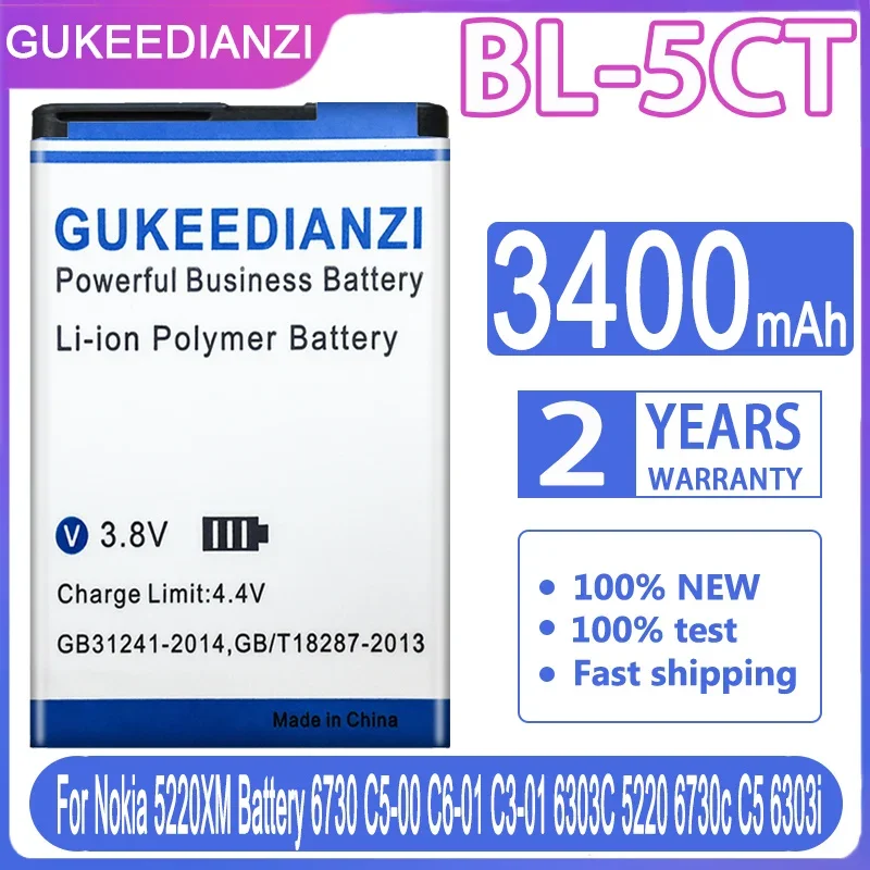 Gukeedianzi 3400Mah Bl-5Ct Bl5Ct Batteria Per Nokia 3720 5220 5220Xm 6303I 6750 6330 6303I C5 C5-02 C5-00I C5-00 Batteria
