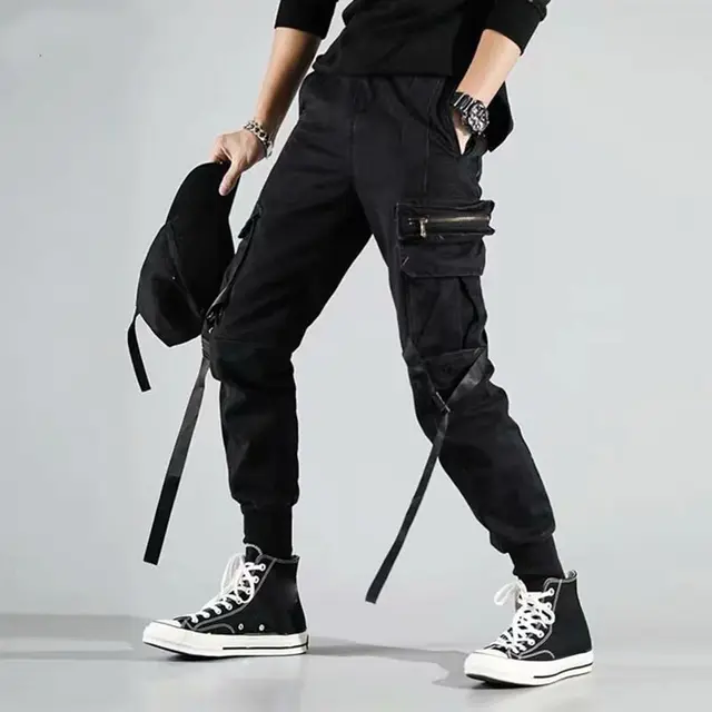 New Black Cargo Pants Hip Hop Joggers Men Loose Harem Pants Multi-pocket Ribbon Trousers Casual Streetwear Sport Pants for Men black