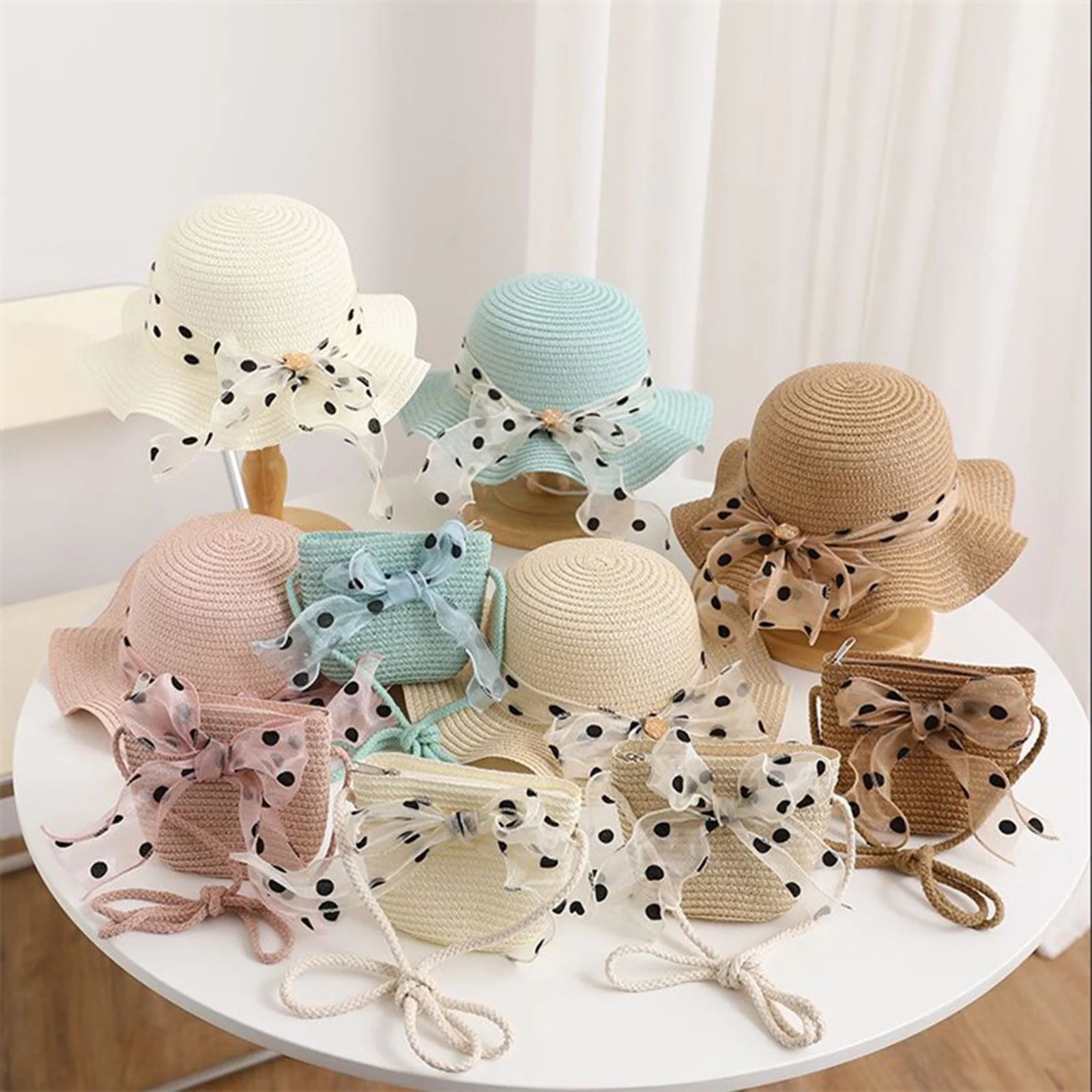 FOCUSNORM 5 Colors Toddler Kid Girls Sun Hat 2PCS Wide Brim Straw Hat