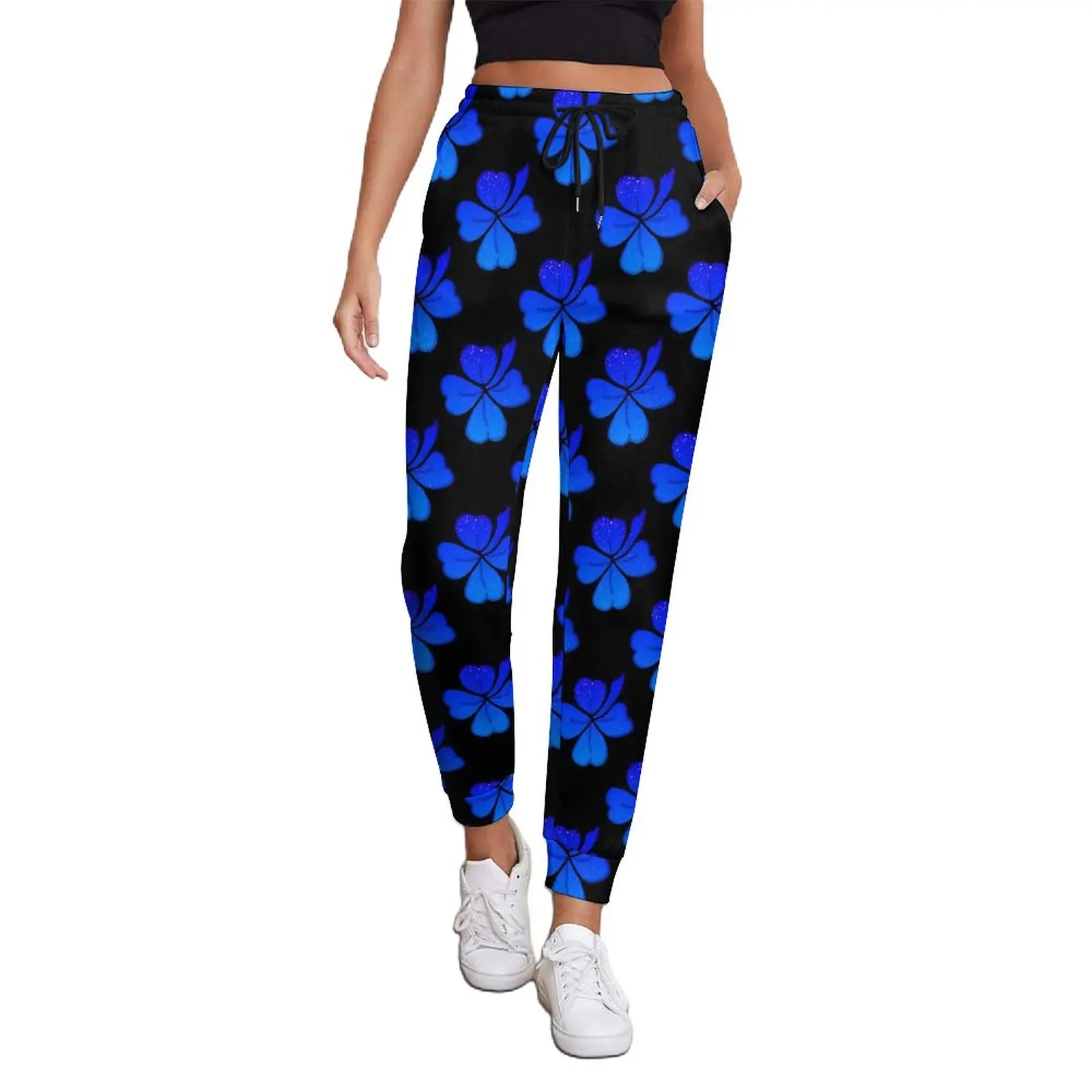 

St Patricks Day Jogger Pants Woman Blue Shamrock Print Classic Sweatpants Spring Design Hippie Oversized Trousers Gift Idea