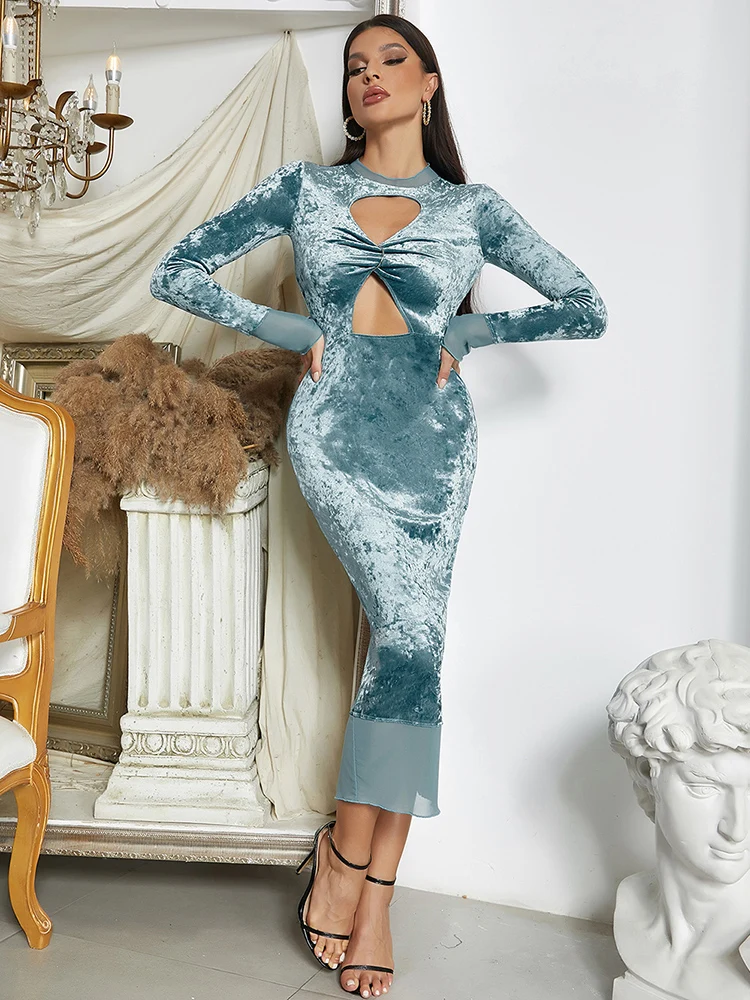 

Женское длинное Сетчатое платье с длинным рукавом, синее облегающее бархатное платье с О-образным вырезом и вырезом, вечерние праздничные платья знаменитостей в стиле пэчворк