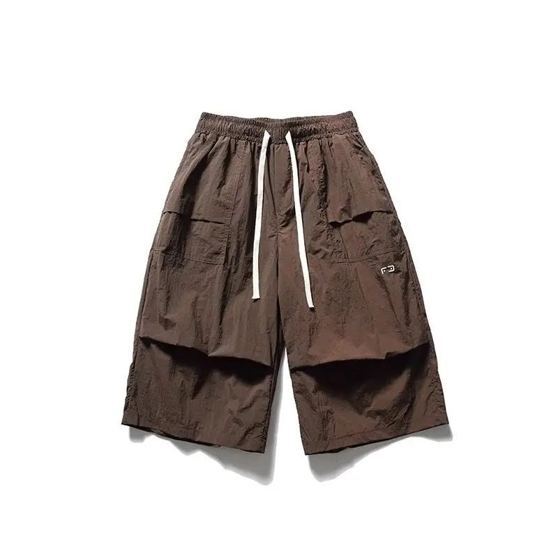 Japanese Style Trendy 2024 Summer New Men's Solid Loose Pockets Folds Drawstring Straight Casual Elastic Waist Call Length Pants