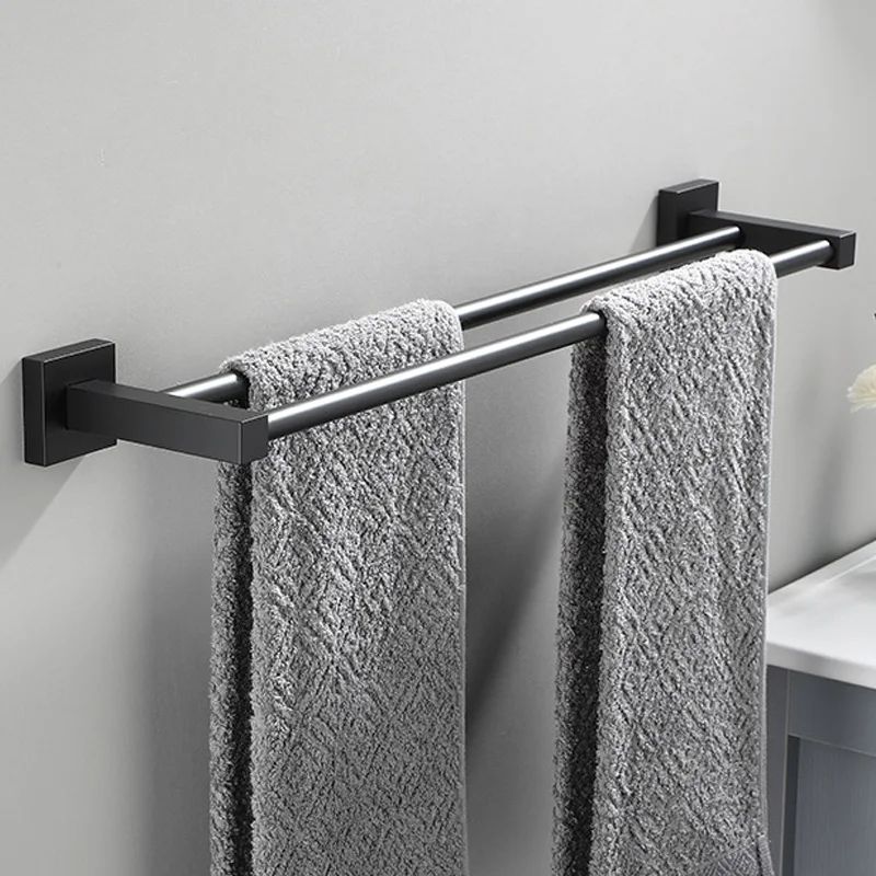 Matte Black Aluminium Bathroom Double Towel Shelf Rack Holder Bath Towel Hanger Bar Square Design Towel Rail Bathroom Accessories towel holder towel rack bathroom facilities
