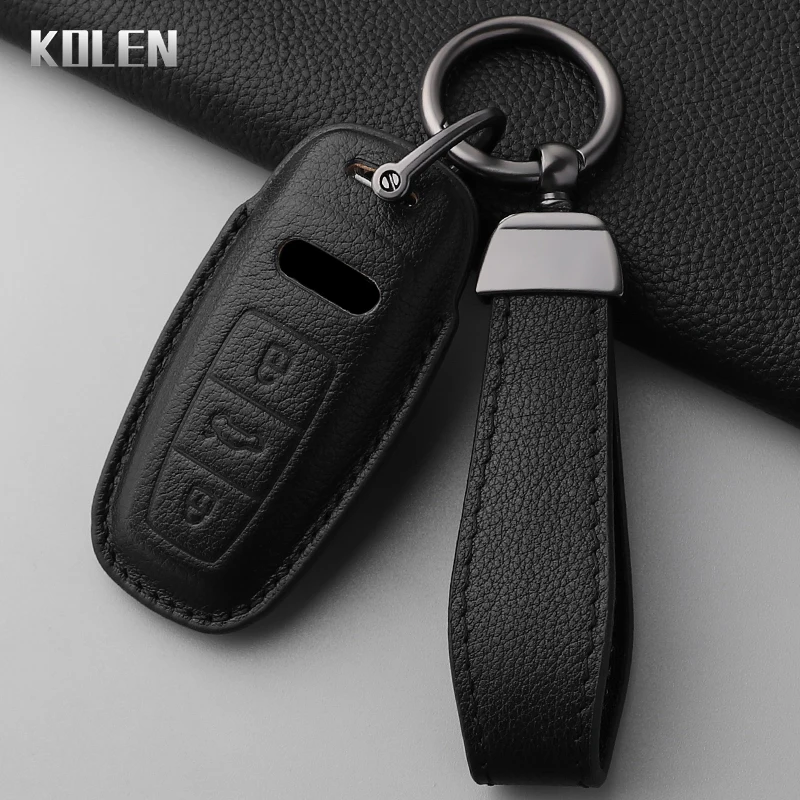 Premium Dermis Leather Car Key Case Cover - Luxurious Protective Keychain Accessory