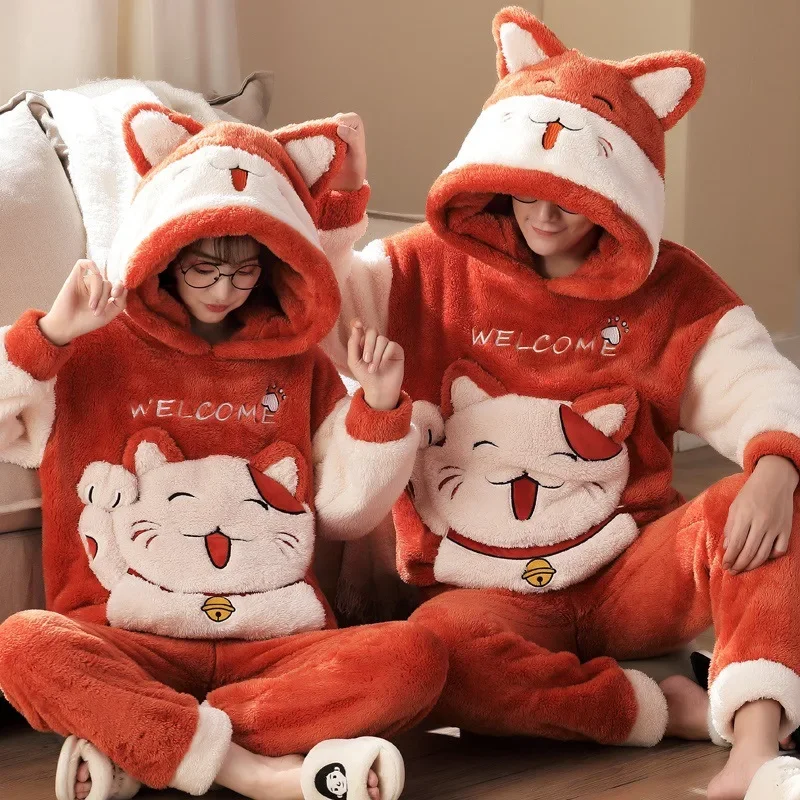 

Couples Pajamas Sets Women Men Winter Thicken Pyjamas Sleepwear Cartoon Cat Korean Lovers Homewear Soft Warm Pijama Hoodies Suit