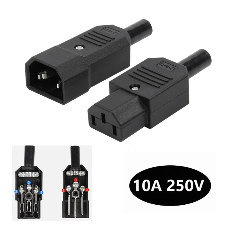 1 Stück IEC Gerader Kabelstecker C13 C14 10A 250V Schwarz Weiblicher & Männlicher Stecker Wiederverdrahtbarer Stromanschluss 3-polige Buchse