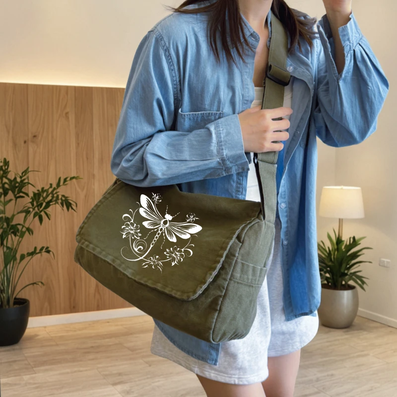 Vintage Women's Crossbody Bag Canvas Dragonfly Print Large Capacity Shoulder Bag for Daily Use