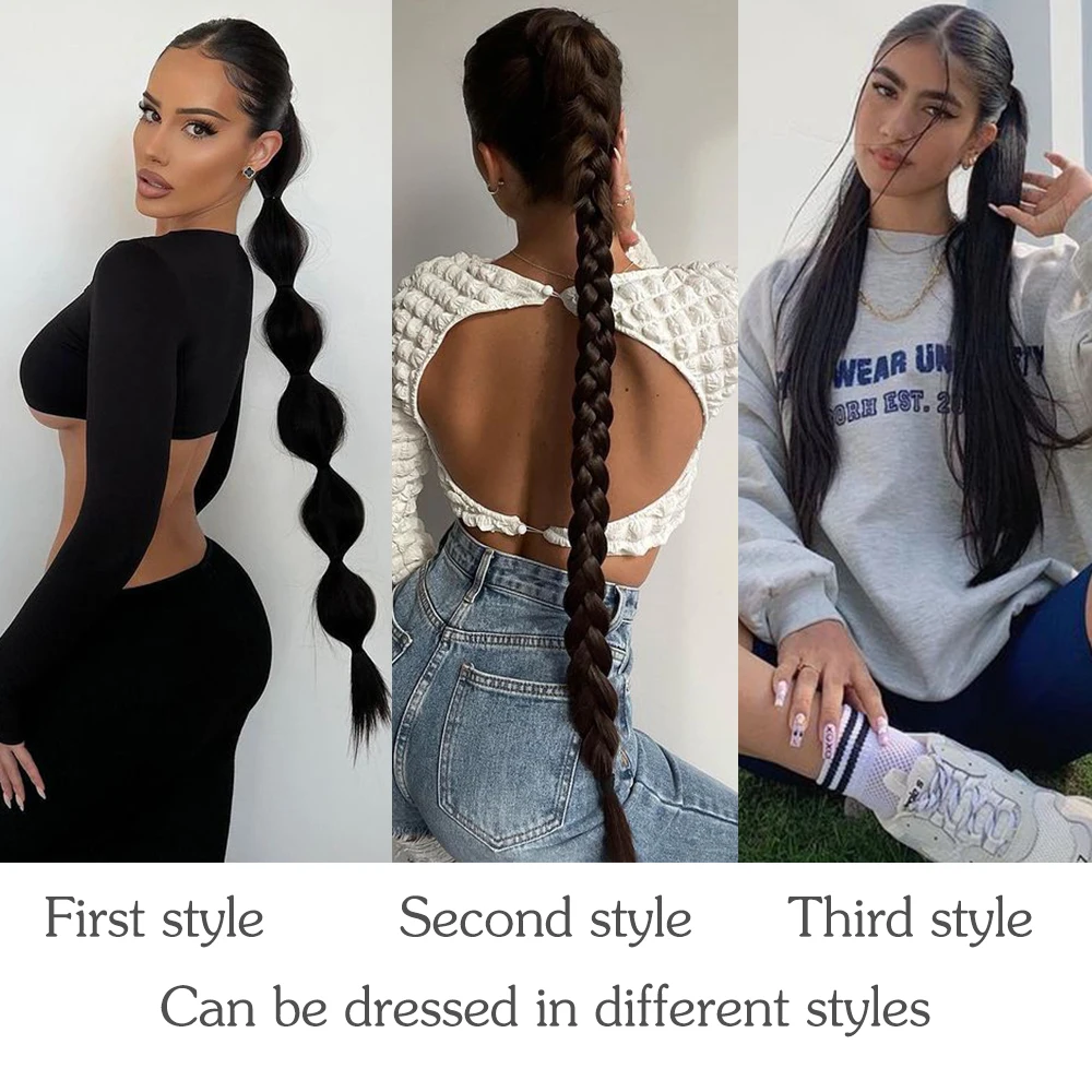 34inches Synthetic Long Braided Ponytail Hair Extensions for Women Black Brown Pony Tail with Hair Rope High Temperature Fiber image_2