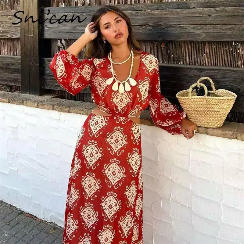 

Orange Paisley Print Bohemian Holiday Chiffon Dress Women Summer Hollow Out Waist Bandage Backless Large Long Vestidos Mujer New