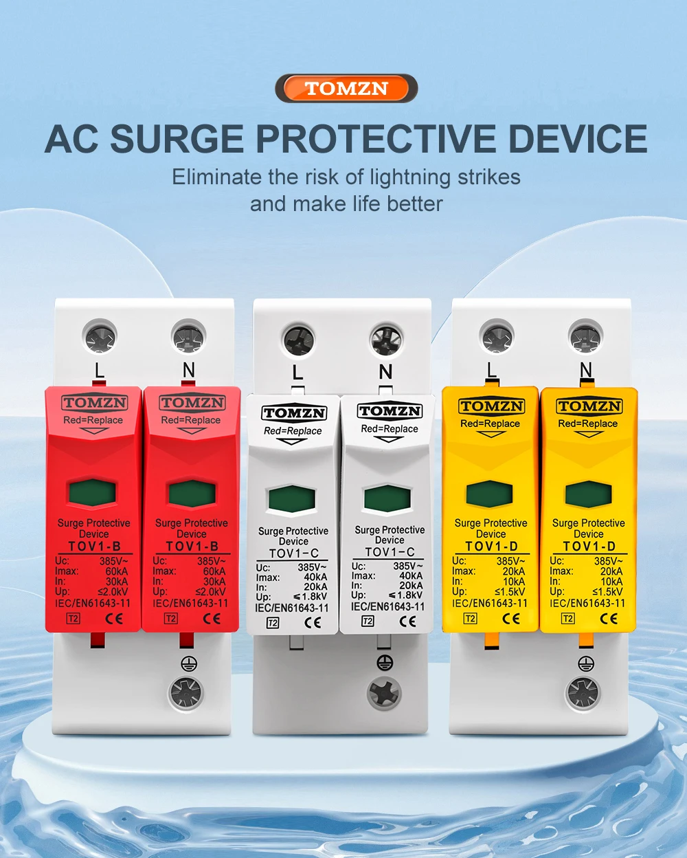 AC SPD 1P+N 20kA 40kA 60kA 275V 385V House Surge Protector Protection Protective