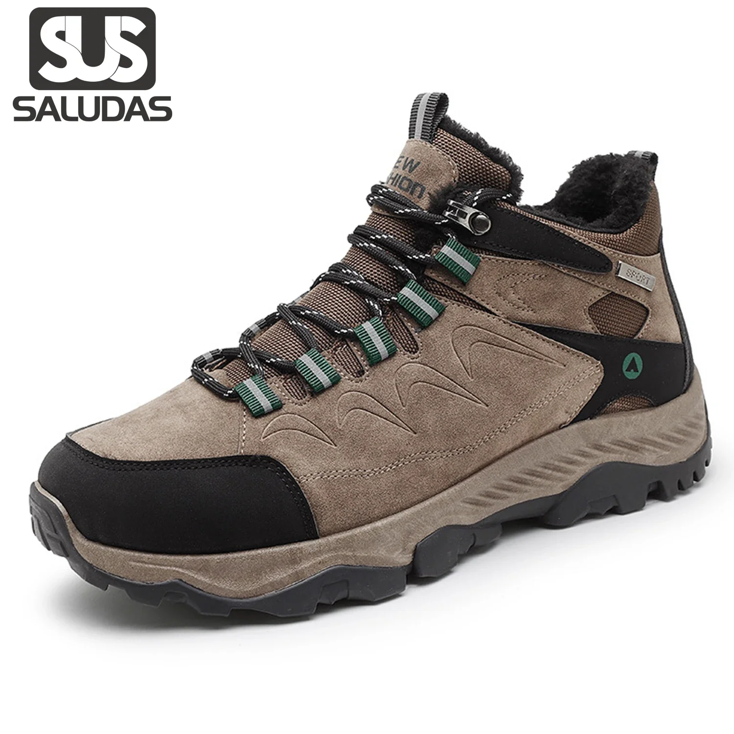 

SALUDAS High Help Men's Hiking Shoes Leather Anti-skid Wear Resistance Trekking Shoes Outdoor Fur Warm Waterproof Hunting Boots
