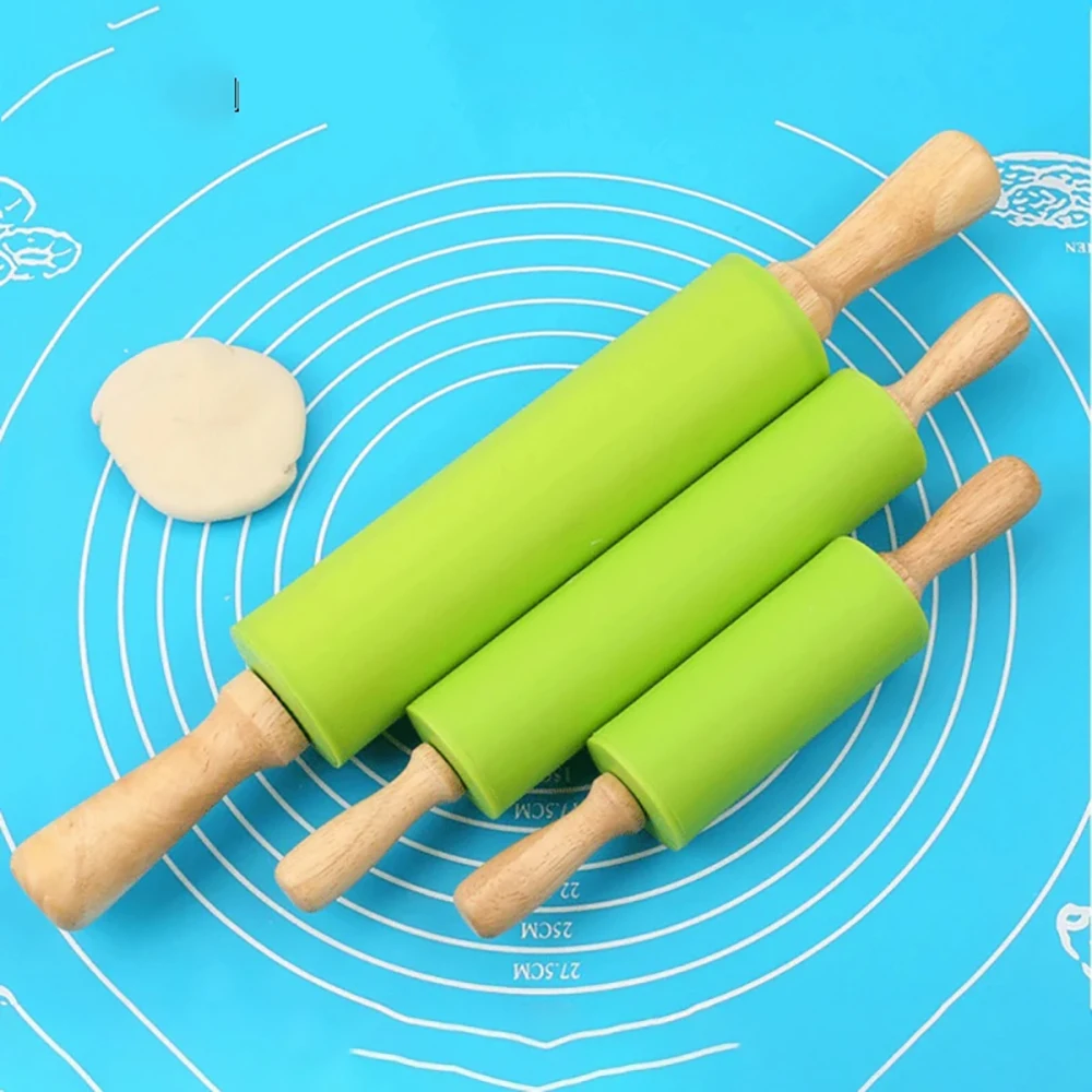 Non-Stick Silicone Rolling Pin Wooden Handle Pastry Dough Flour Roller Kitchen Cooking Baking Tool For Pasta Cookie Dough 1PC rolling pin