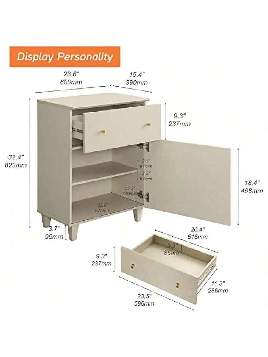 Storage Cabinet for Living Room 32.4" H Freestanding Wood Accent Cabinets Floor Cupboard with Drawer Door and Adjustable 2