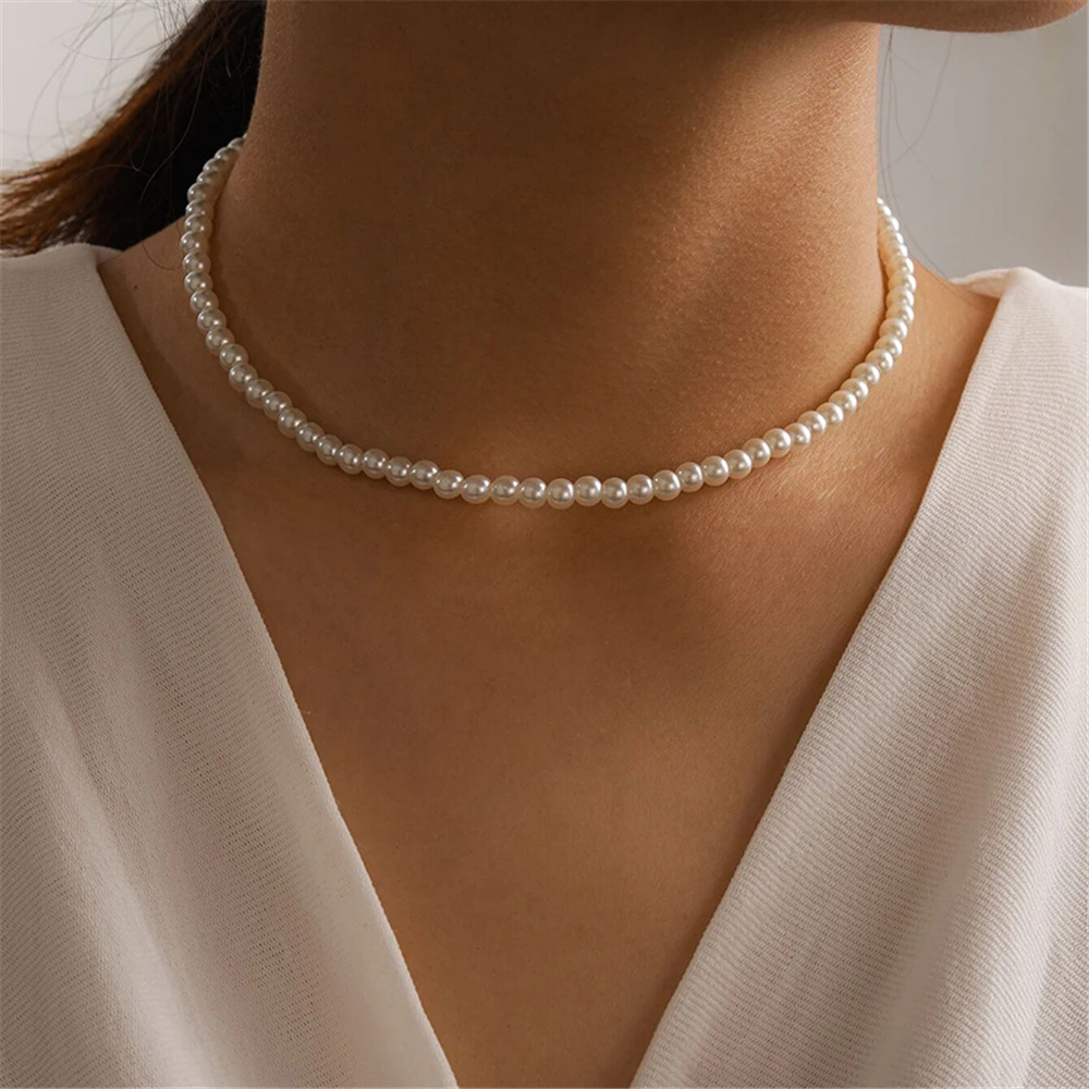4/6/8/10/14mm Imitation Pearl Necklace Fashion Beaded Collar Chain Choker Necklace for Women Trendy Wedding Jewelry women jewelry