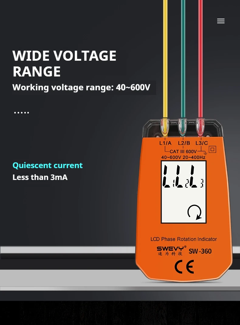 SWEVY Tragbarer Phasenfolgentester, 3-phasiges AC-Rotationsmessgerät, Spannungs-/Stromdetektor, Phasendrehungsanzeige für Elektro – Detail 3