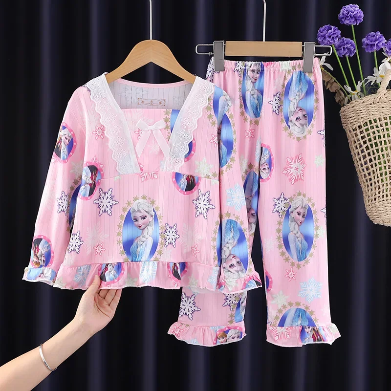 

Disney Frozen Autumn Children's Pajamas Anime Mickey Mouse Stitch Elsa Long Sleeve Cartoon Princess Style Girl Homewear Set Gift