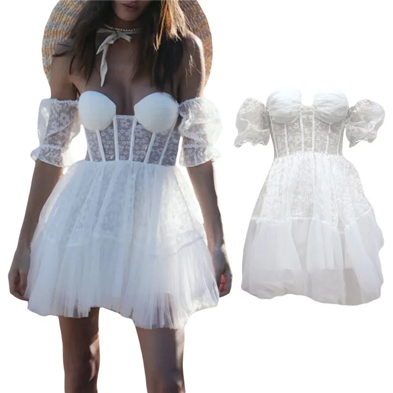 

Women White Dress Elegant See Through Mesh Short Sleeve V Neck Short Dresses Y2K Club Party Summer Bridesmaid Gown Dress 2023