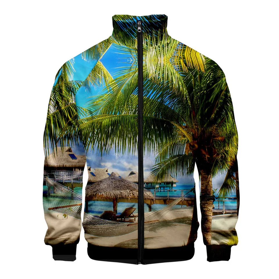 Beach Windmill Stand Collar Zipper Sweatshirts Men Women Ocean Sky Beautiful Seaside View Zipper Hoodie Men's 3D Autumn Coats