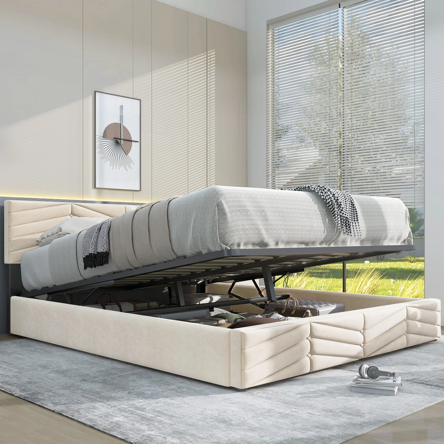 Upholstered Bed 140*200 with Lattice + Headboard, Height Adjustable Headboard Large Storage Space, for Adults Teenagers Bedroom