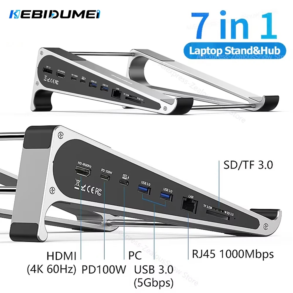 KEBIDUMEI 알루미늄 노트북 스탠드 7 in 1 허브 4K 60Hz HD SD..