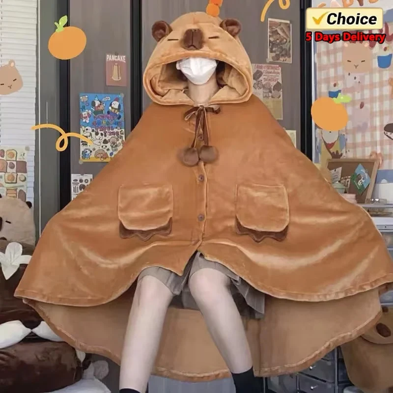 Cartoon Capybara Wearable Hooded Blanket for Adult Soft Warm Flannel Cute Capybara Hoodie Shawl Throw Cloak Wrap for Home Office