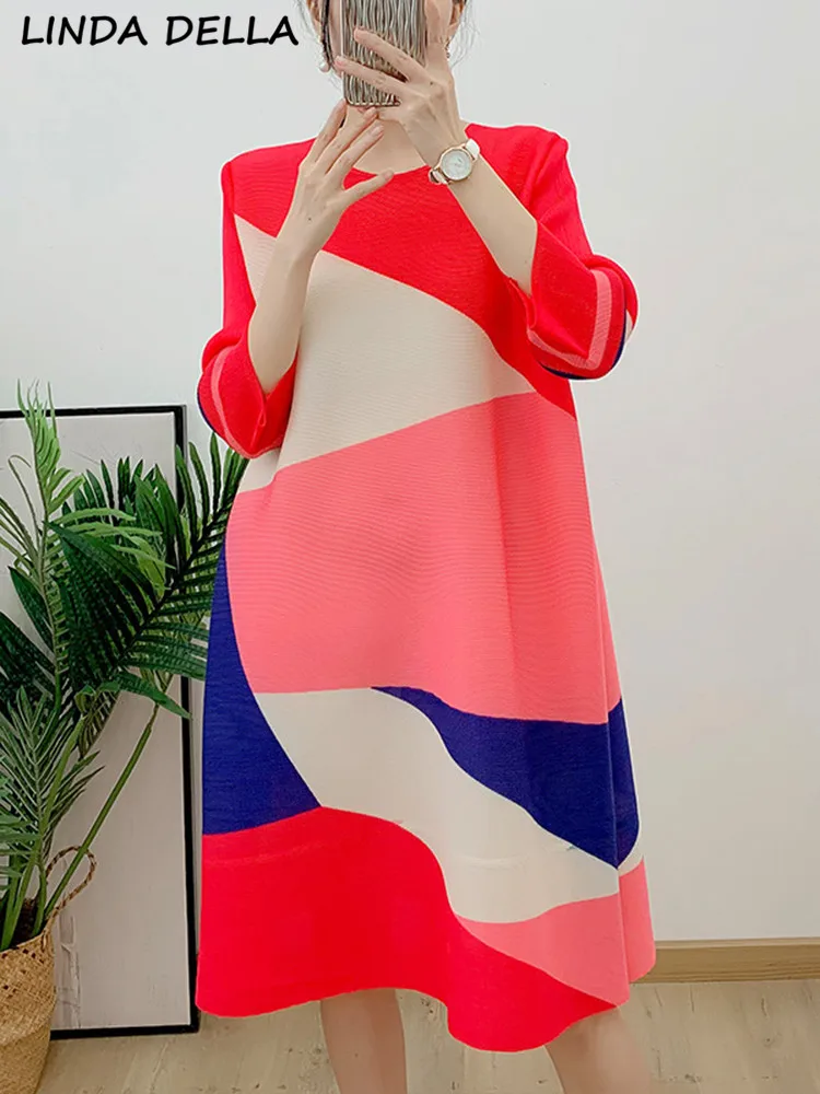 

Женское платье с круглым вырезом LINDA DELLA, винтажное свободное повседневное ТРАПЕЦИЕВИДНОЕ платье миди с рукавом три четверти и поясом, лето 2019