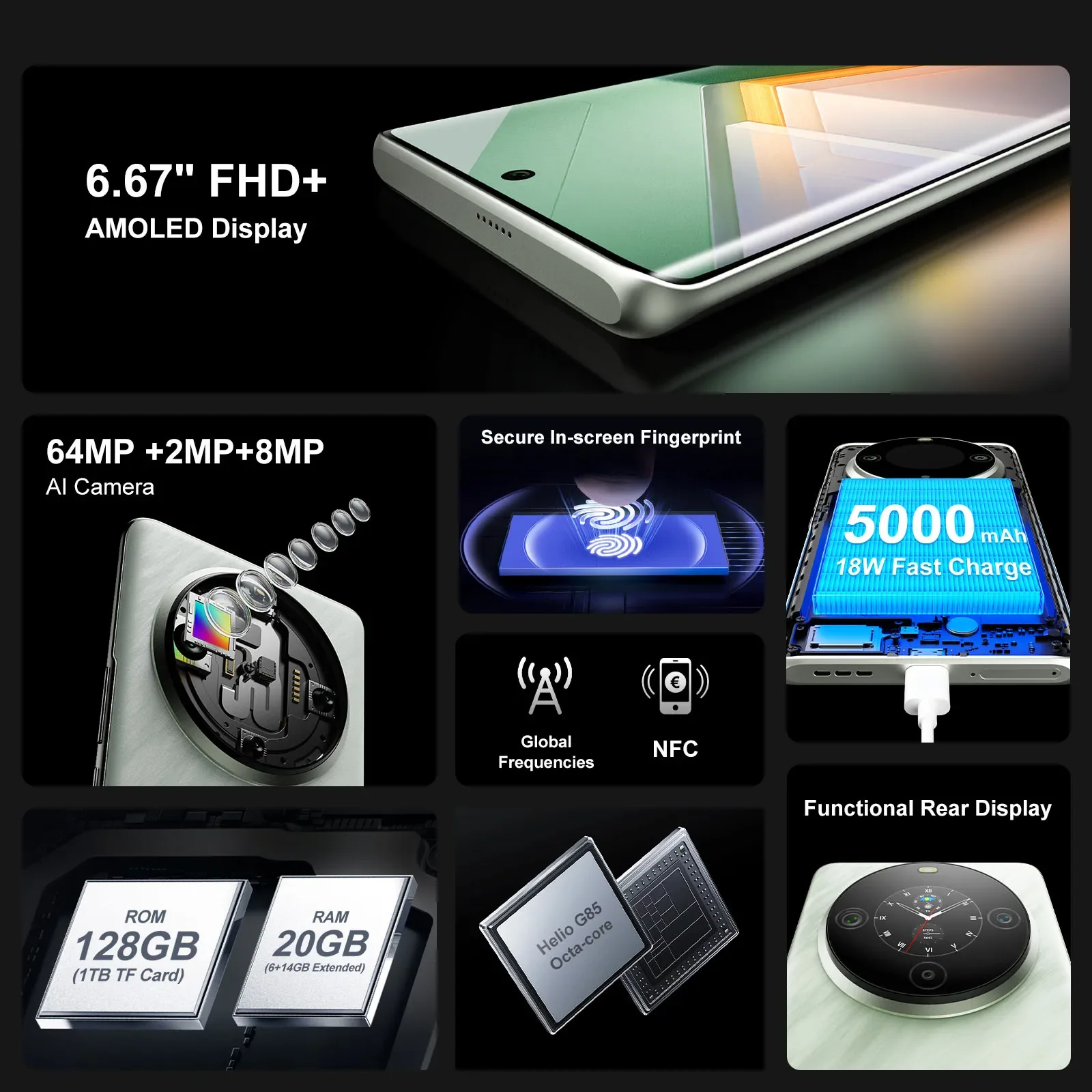 FOSSiBOT S3 PRO Smartphone 20GB +128GB 6.67" AMOLED Display Android 14  Mobile 8+64MP Camera NFC Cell Phone 4