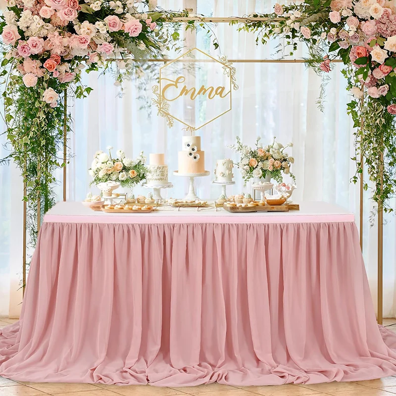 1 Pink Chiffon Table Skirt Rectangle/Round Tables Sheer Tablecloth for Baby Shower Birthday Party Wedding Cake Table Decorations