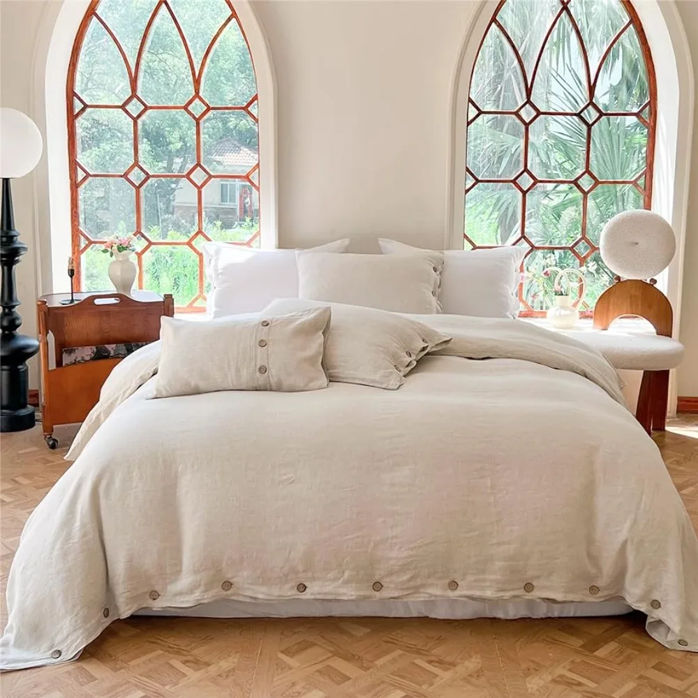 

Comforter Sets Duvet Cover Set，100% Linen Duvet Cover Set 3pcs with Coconut Button Closure Natural French Washed Flax Solid