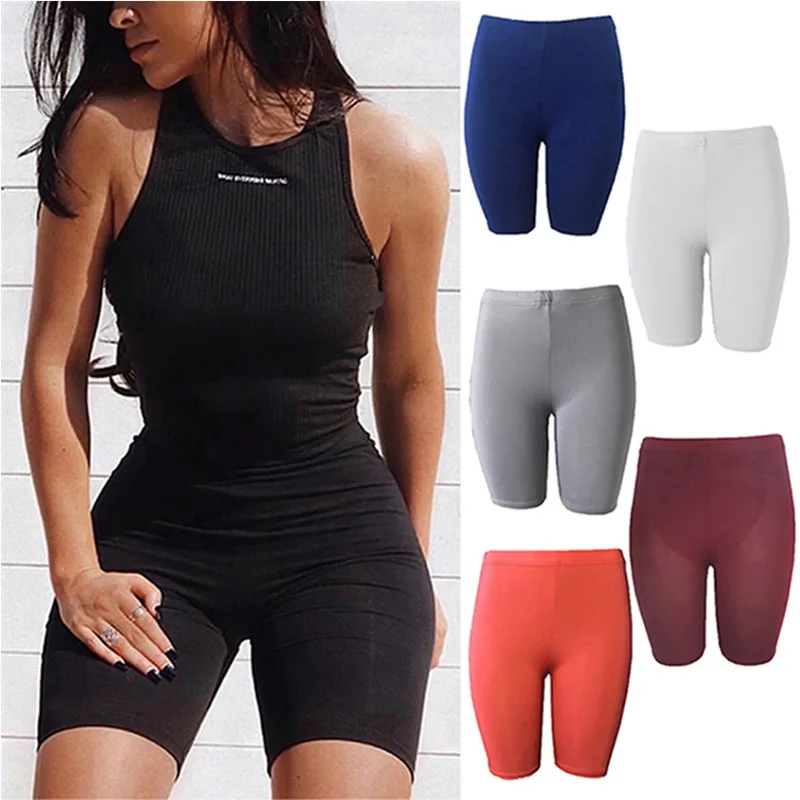 

Summer Sexy Women Sports Shorts High Waist Elastic Pure Color Slim Knee-Length Bike Shorts Female Cycling Short Pants