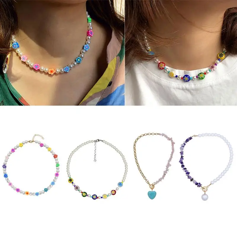 

Smile Pearl Necklace Fake Pearl Chain Necklace Pack Handmade Summer Bohemian Jewelry Necklaces Gifts For Women Teen Girls