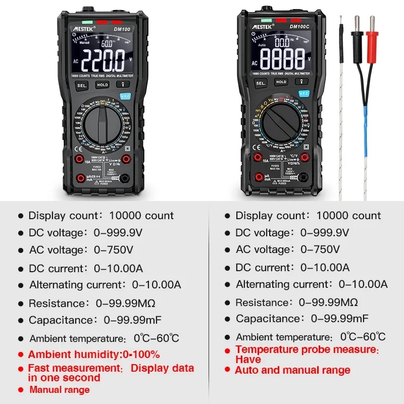 MESTEK DM100C NCV Resistance Capacitance Voltage Meter 10000 Counts Current Voltage Multi Meter Temperature Measure Multimeters