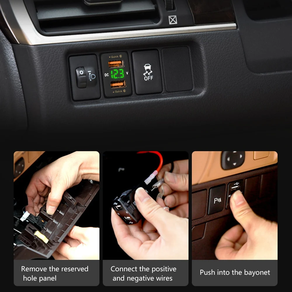 36W Fast Car Charger QC3.0 Dual USB Fast Charger with Red Voltage Waterproof Mobile Phone for Toyota
